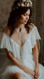 Vintage Lace Ruffle Prom Dresses White Wedding Dress With Slit