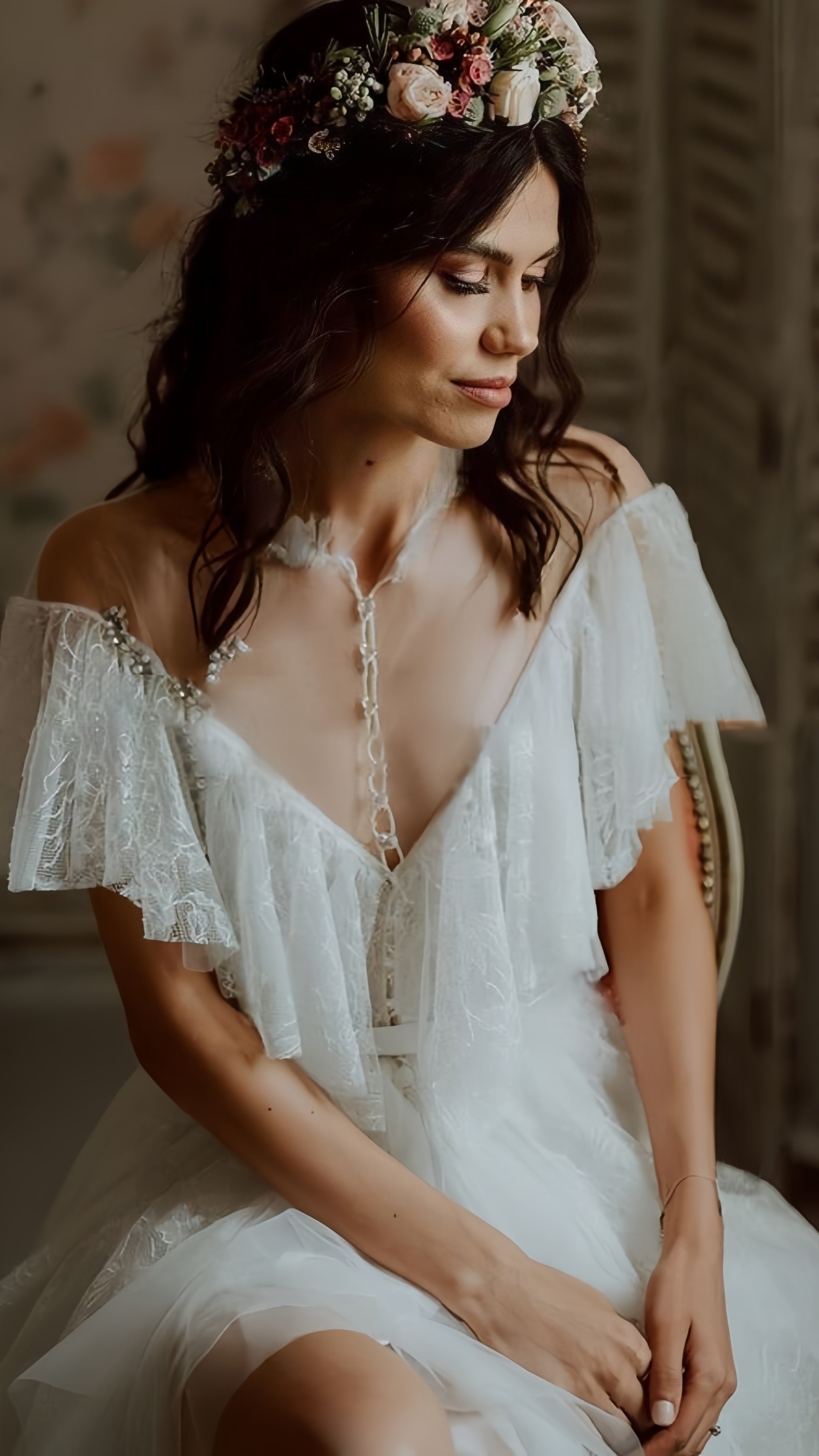 Vintage Lace Ruffle Prom Dresses White Wedding Dress With Slit