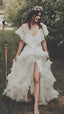 Vintage Lace Ruffle Party Dress, White Wedding Dresses With Slit