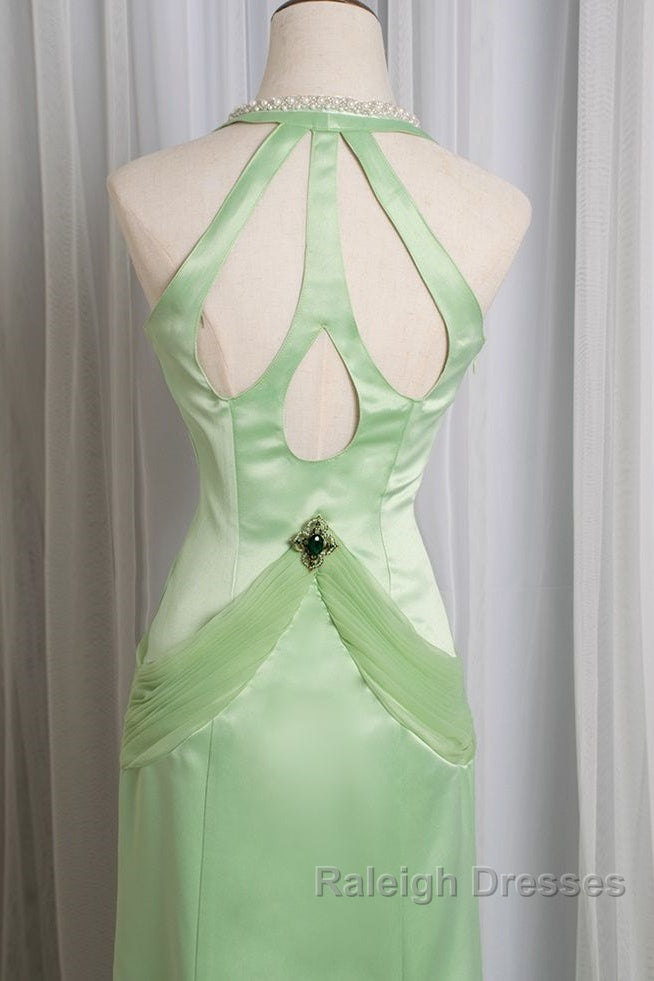 Vintage Light Green Mermaid Halter Satin Beaded Long Prom Dress Secondary image