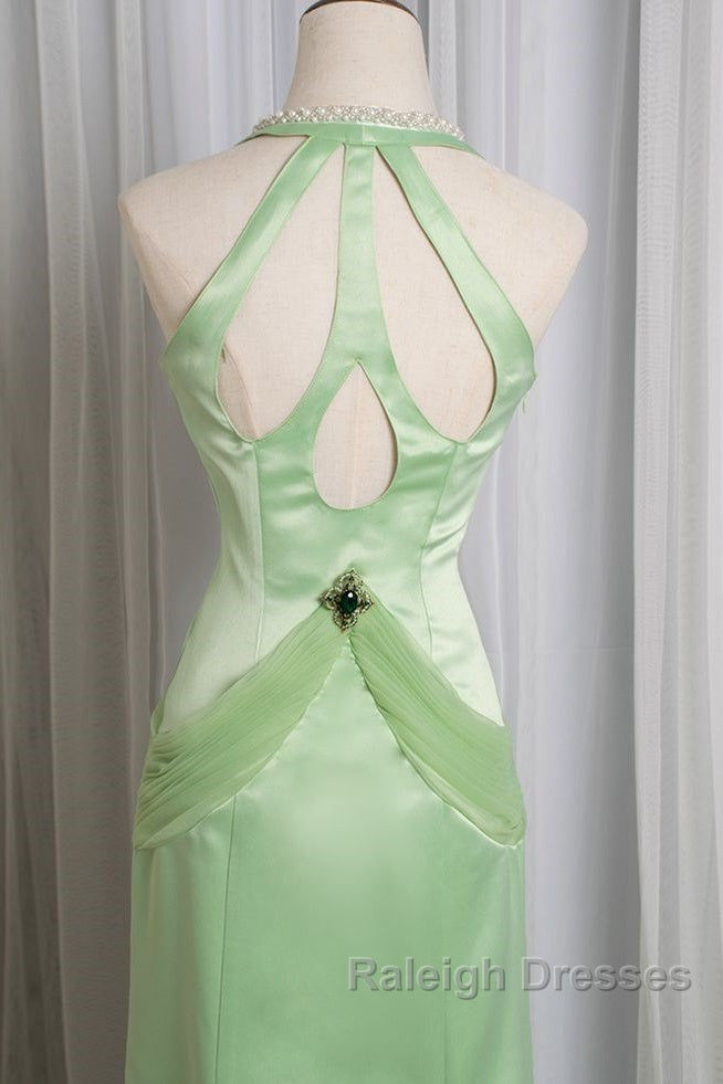 Vintage Light Green Mermaid Halter Satin Beaded Long Prom Dresses