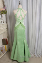 Vintage Light Green Mermaid Halter Satin Beaded Long Prom Dress