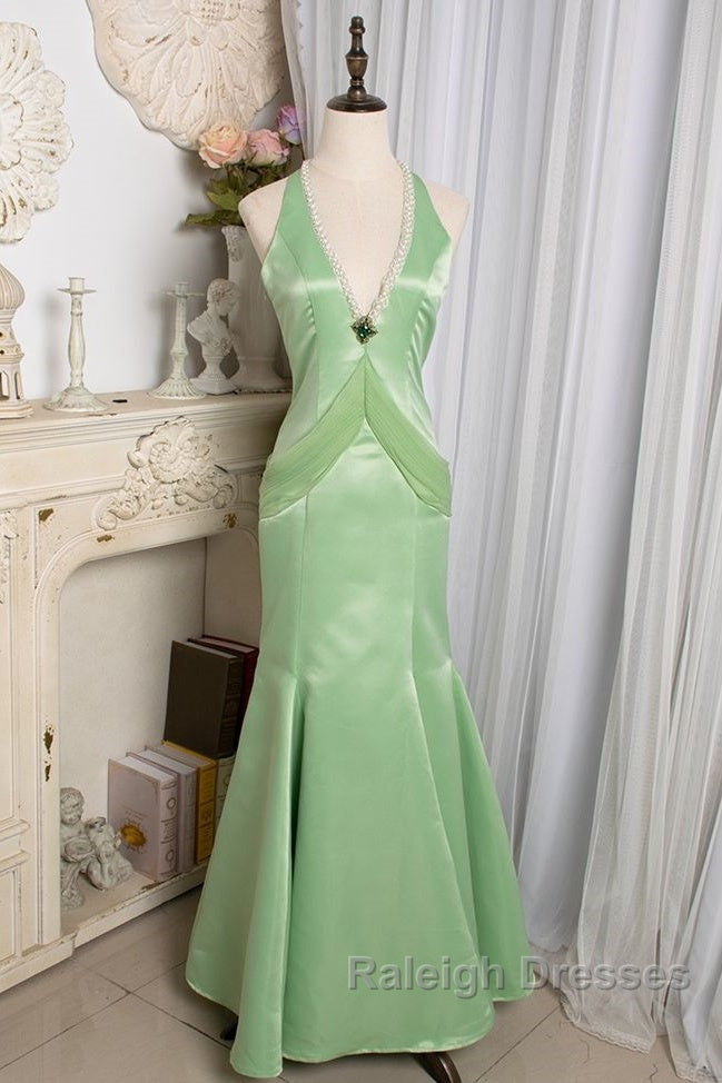 Vintage Light Green Mermaid Halter Satin Beaded Long Prom Dress