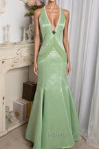 Vintage Light Green Mermaid Halter Satin Beaded Long Prom Dress