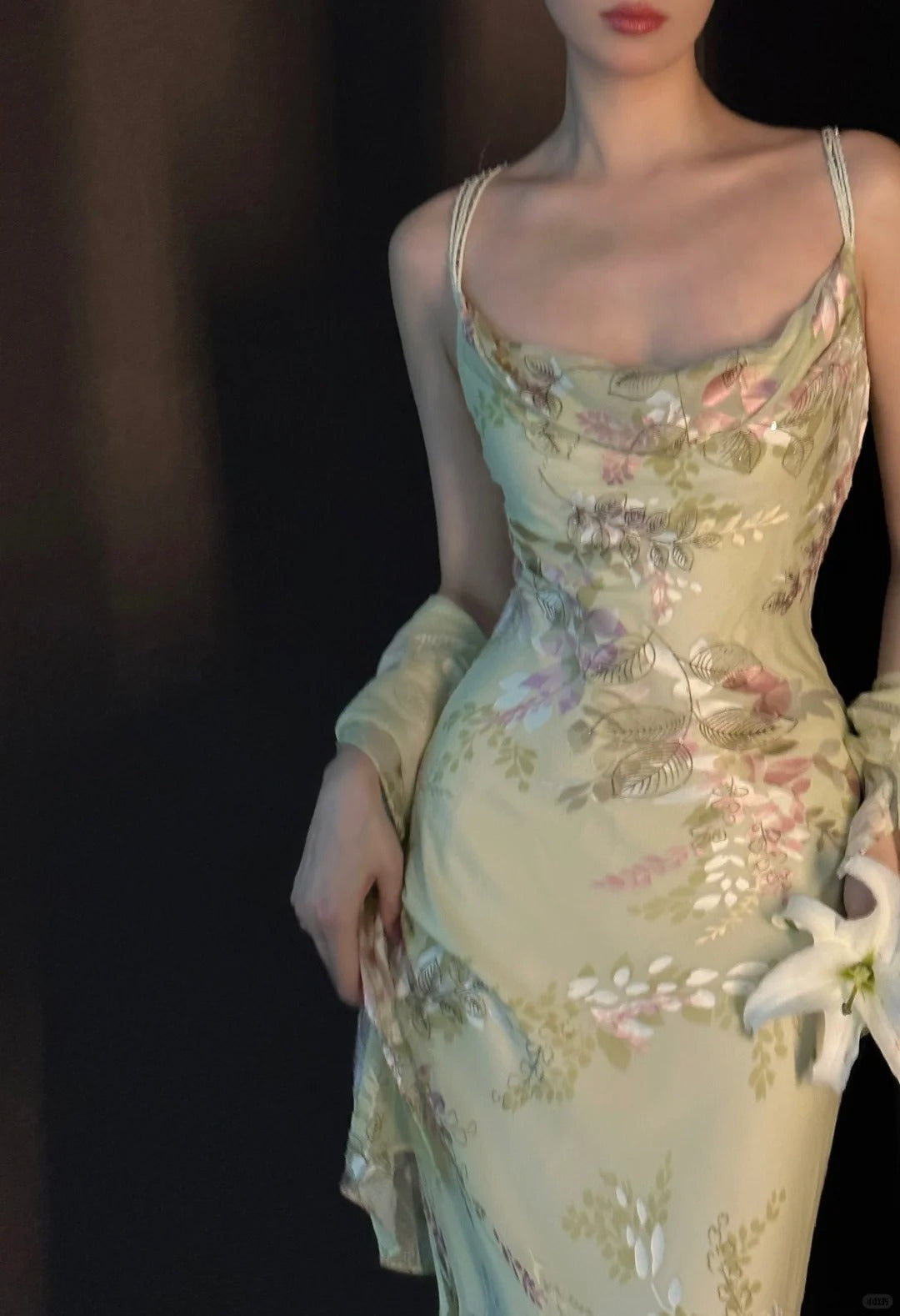 Vintage Light Green Printed Mermaid Strap Chiffon Long Formal Prom Dress Secondary image