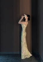 Vintage Light Green Printed Mermaid Strap Chiffon Long Formal Prom Dress