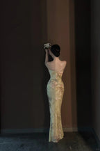 Vintage Light Green Printed Mermaid Strap Chiffon Long Formal Prom Dress