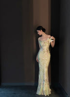 Vintage Light Green Printed Mermaid Strap Chiffon Long Formal Prom Dress