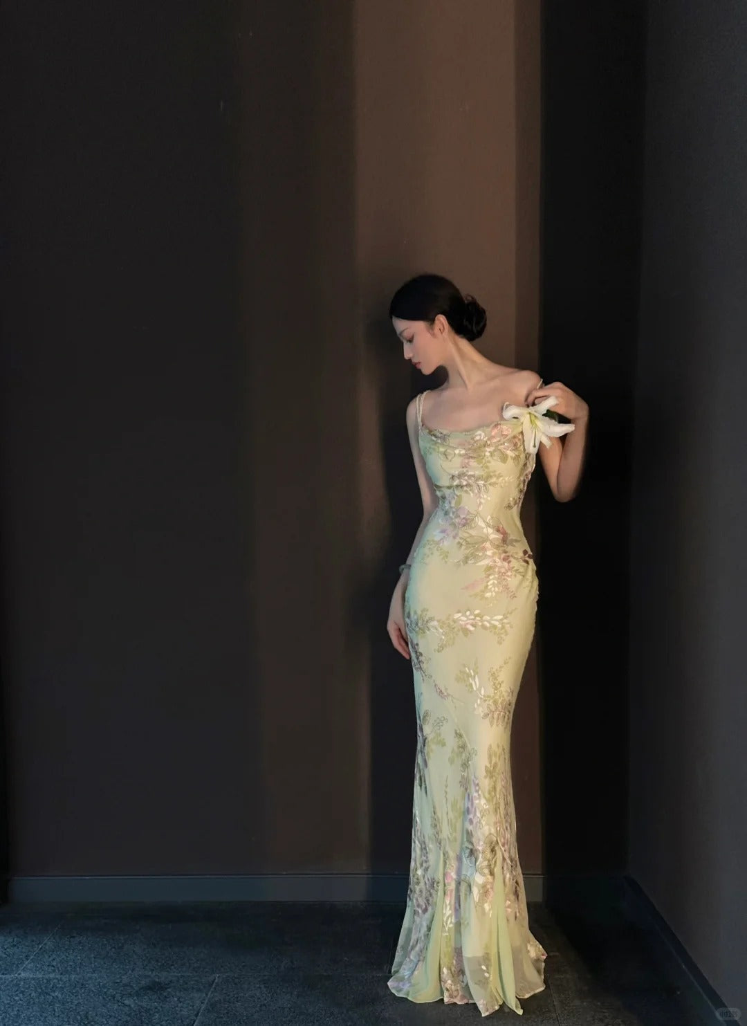 Vintage Light Green Printed Mermaid Strap Chiffon Long Formal Prom Dress