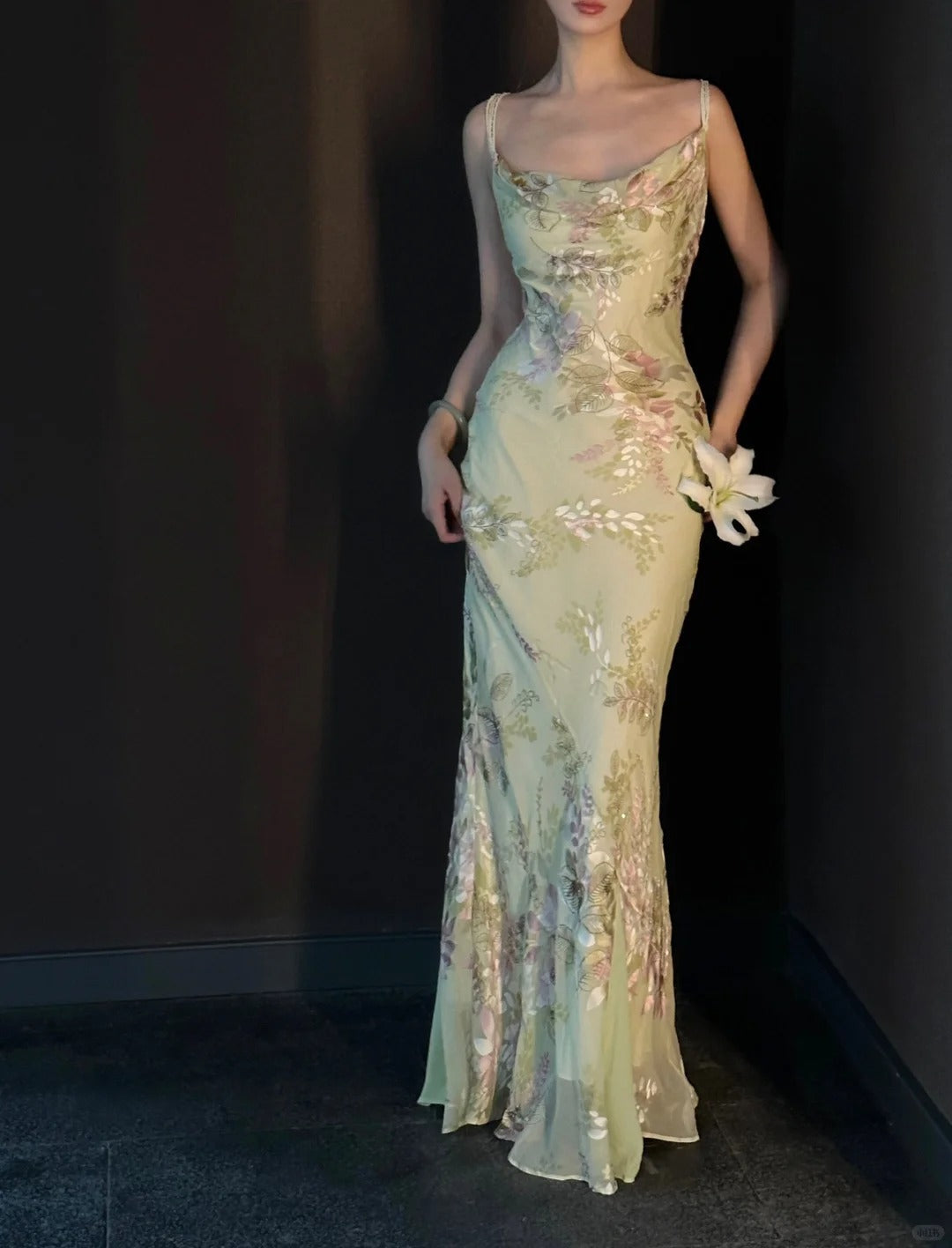 Vintage Light Green Printed Mermaid Strap Chiffon Long Formal Prom Dress