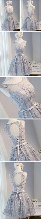 Vintage Light Grey Clairvoyant Outfit Sleeveless Appliques Keyhole Lace Up Back Bow Sash Homecoming Dress