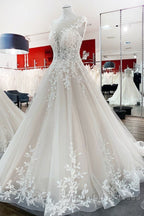 Vintage Long A Line Jewel Tulle Ruffles Wedding Dresses with Lace Appliques