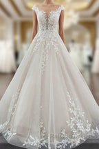 Vintage Long A-line Jewel Tulle Ruffles Wedding Dress with Lace Appliques