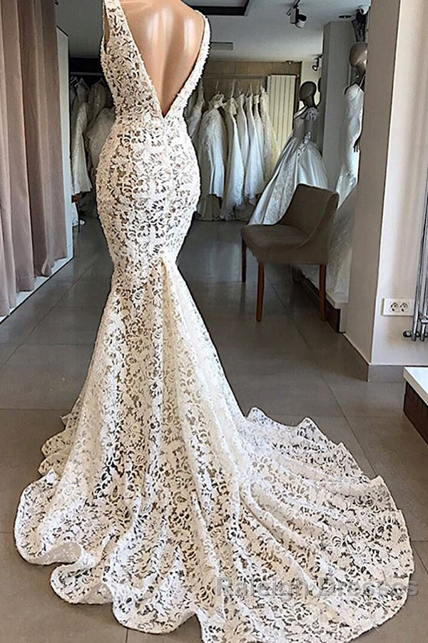 Vintage Long Mermaid V Neck Lace Backless Wedding Dress