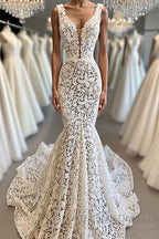 Vintage Long Mermaid V Neck Lace Backless Wedding Dress