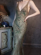 Vintage Luxury Green Mermaid Deep V-Neck Beaded Embroidered Chiffon Long Formal Prom Dress