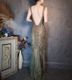 Vintage Luxury Green Mermaid Deep V-Neck Beaded Embroidered Chiffon Long Formal Prom Dress