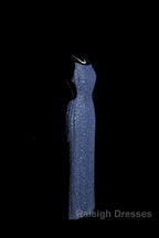 Vintage Mermaid Boat Neck Blue Sequin Backless Prom Gown Fairy Prom Dresses