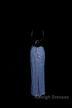 Vintage Mermaid Boat Neck Blue Sequin Backless Prom Gown Fairy Prom Dresses