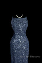 Vintage Mermaid Boat Neck Blue Sequin Backless Prom Gown Fairy Prom Dresses