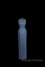 Vintage Mermaid Boat Neck Blue Sequin Backless Prom Gown Fairy Prom Dresses