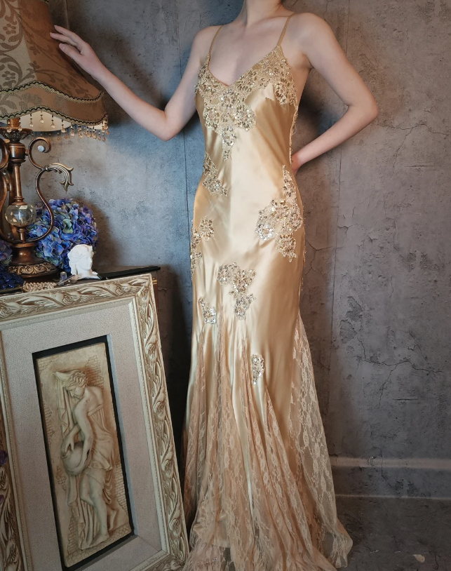 Vintage Mermaid Champagne Gold Sequined Lace Satin Long Formal Prom Dress Secondary image