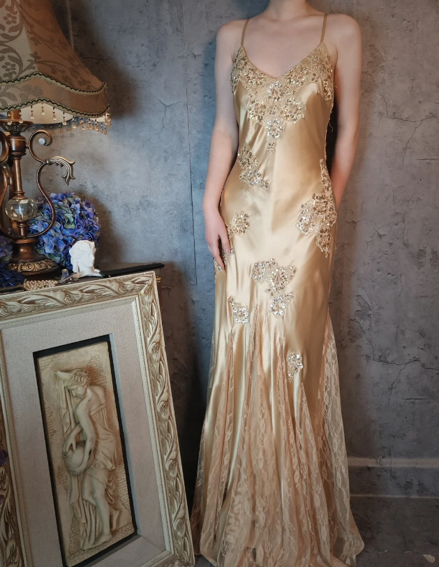 Vintage Mermaid Champagne Gold Sequined Lace Satin Long Formal Prom Dress