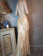 Vintage Mermaid Champagne Gold Sequined Lace Satin Long Formal Prom Dress