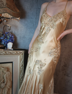 Vintage Mermaid Champagne Gold Sequined Lace Satin Long Formal Prom Dress