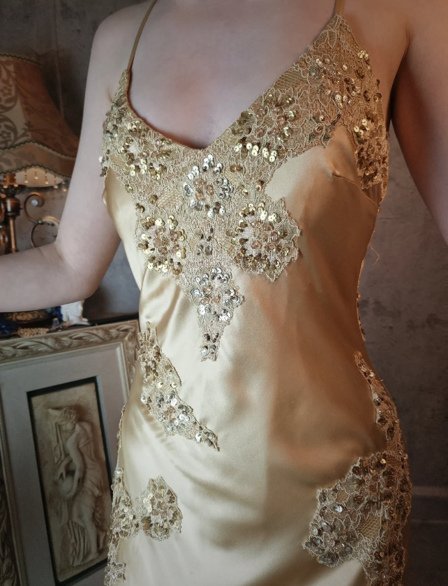 Vintage Mermaid Champagne Gold Sequined Lace Satin Long Formal Prom Dress