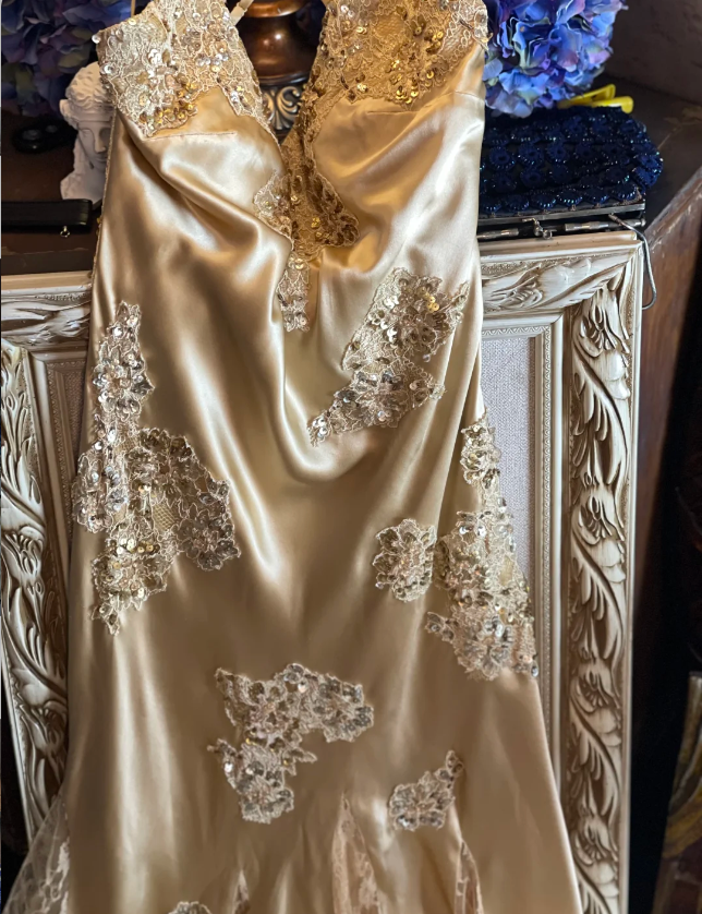 Vintage Mermaid Champagne Gold Sequined Lace Satin Long Formal Prom Dress