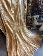 Vintage Mermaid Champagne Gold Sequined Lace Satin Long Formal Prom Dress