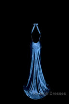 Vintage Mermaid Halter Neck Blue Satin Backless Prom Gown Fairy Prom Dresses