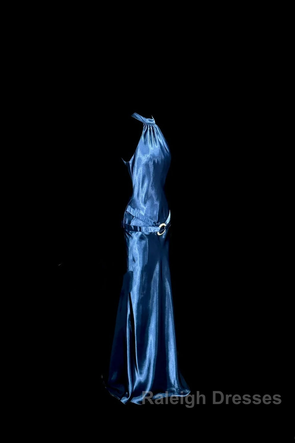 Vintage Mermaid Halter Neck Blue Satin Backless Prom Gown Fairy Prom Dress