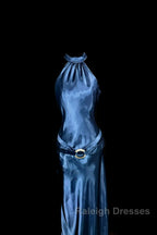 Vintage Mermaid Halter Neck Blue Satin Backless Prom Gown Fairy Prom Dresses