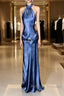 Vintage Mermaid Halter Neck Blue Satin Backless Prom Gown Fairy Prom Dress