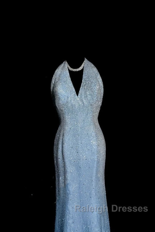 Vintage Mermaid Halter Neck Blue Sequin Prom Gown Fairy Prom Dresses