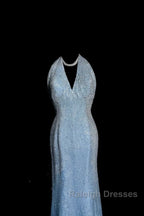 Vintage Mermaid Halter Neck Blue Sequin Prom Gown Fairy Prom Dress