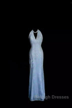 Vintage Mermaid Halter Neck Blue Sequin Prom Gown Fairy Prom Dress