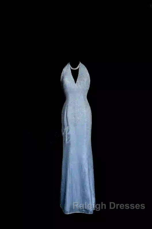 Vintage Mermaid Halter Neck Blue Sequin Prom Gown Fairy Prom Dress
