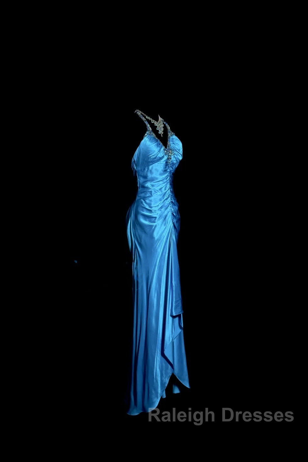 Vintage Mermaid Halter Neck Royal Blue Satin Backless Prom Gown Fairy Prom Dresses