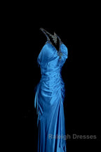 Vintage Mermaid Halter Neck Royal Blue Satin Backless Prom Gown Fairy Prom Dresses
