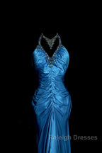 Vintage Mermaid Halter Neck Royal Blue Satin Backless Prom Gown Fairy Prom Dresses