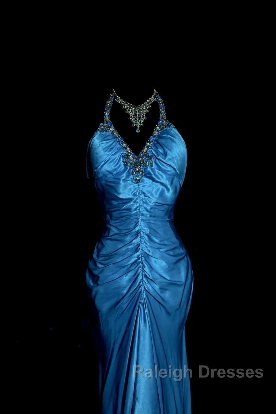 Vintage Mermaid Halter Neck Royal Blue Satin Backless Prom Gown Fairy Prom Dresses