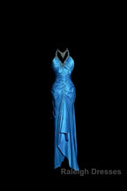 Vintage Mermaid Halter Neck Royal Blue Satin Backless Prom Gown Fairy Prom Dresses