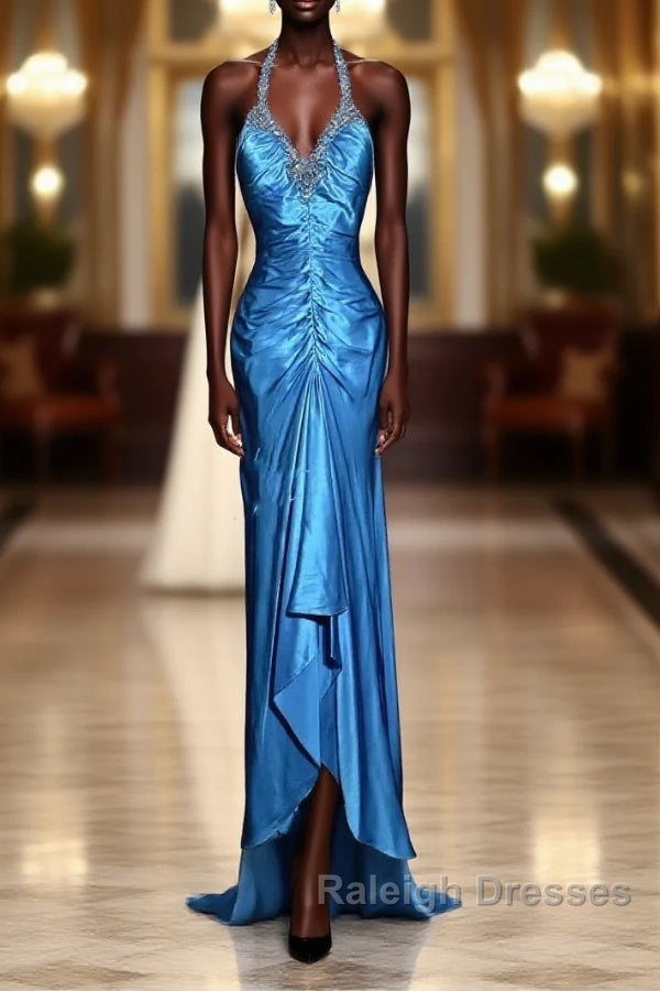 Vintage Mermaid Halter Neck Royal Blue Satin Backless Prom Gown Fairy Prom Dress Main image