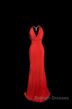 Vintage Mermaid Halter Satin Red Prom Gown Fairy Prom Dresses
