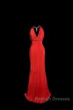 Vintage Mermaid Halter Satin Red Prom Gown Fairy Prom Dress