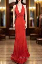 Vintage Mermaid Halter Satin Red Prom Gown Fairy Prom Dress
