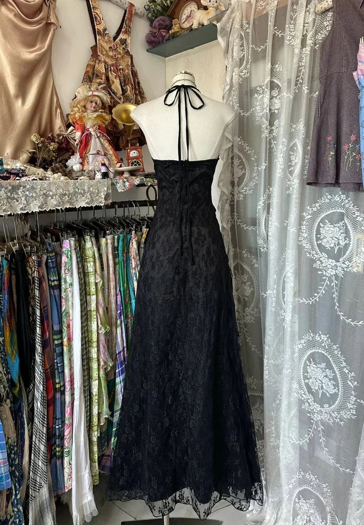 Vintage Mermaid Halter Sleeveless Long Black Lace Evening Dress Prom Dresses